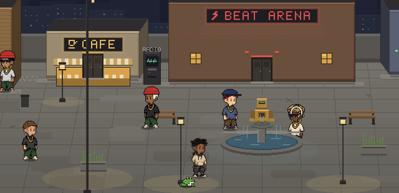 The wav world plaza: a pixel street at night with storefronts, lamps and people walking